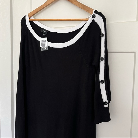 Torrid Black and White Long Sleeve Button Off The Shoulder Sweater Dress - Picture 6 of 10